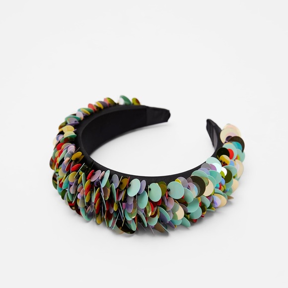 ZARA Padded Headband XL Wide Large Sequin Multicolored Green Rainbow Size Medium - Picture 1 of 12